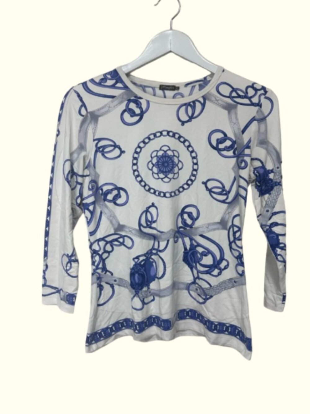 J. McLaughlin White & Blue Chain-Print Long Sleeve Tee sz S